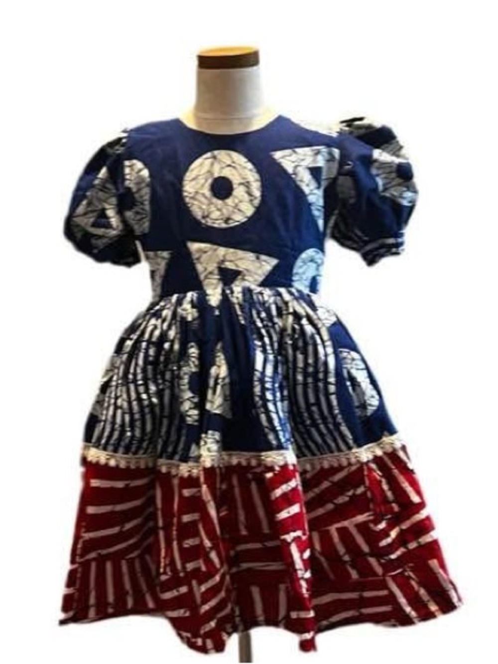 Blue and Red Patterned Puff-Sleeve  African Print Cotton Dress